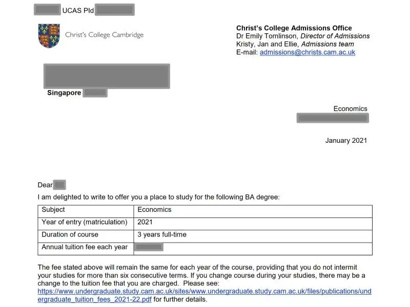 offer letter from cambridge university